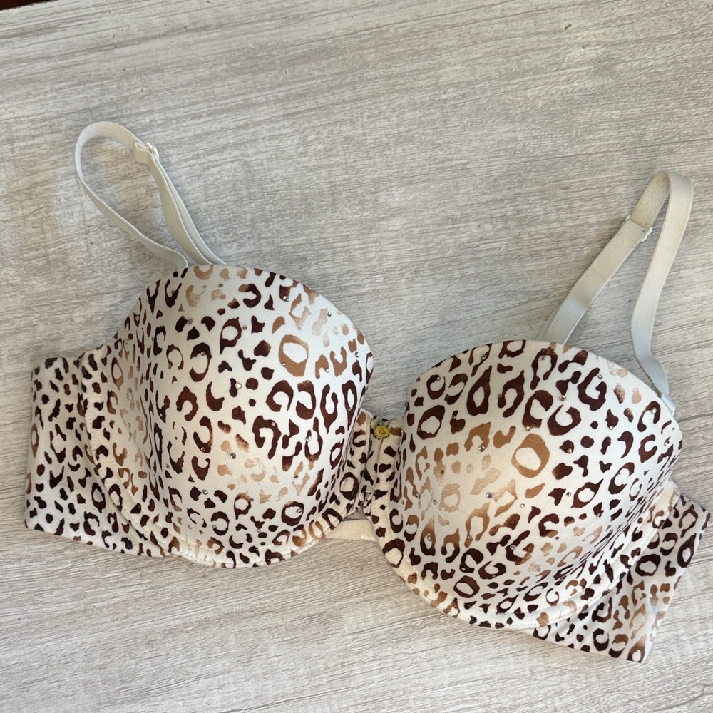 ❤️ Vintage Victoria’s Secret Brown White Leopard Rhinestone Convertible Bra 36C